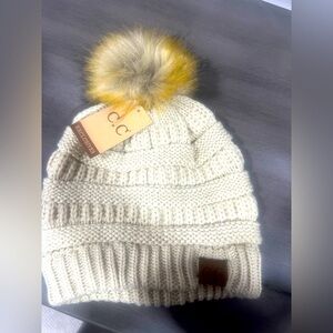 Beige CC Knit Beanie with Matching Faux Fur Pom
